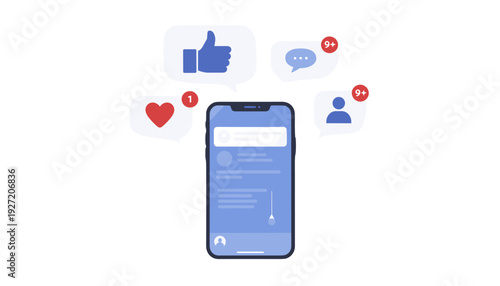 Smartphone with Social Media Notification Bubbles Featuring Like Thumb Up, Heart Love Icon, Comment Speech Bubble, and Friend Request Person Symbol for Digital Marketing and Online Engagement