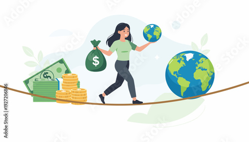 Woman Balancing Money Bag and Planet Earth on a Tightrope, Concept of Ecological and Economic Balance, Sustainable Development, Environmental Protection, Green Finance and Global Responsibility