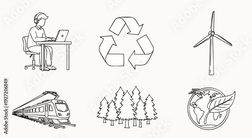 Hand-drawn line art icons for sustainable living. Remote work, recycling, wind energy, electric train, forest, global ecology. Green technology and environmental responsibility.