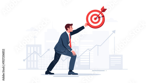 Successful businessman in a professional suit holding a red target with an arrow in the bullseye against a city skyline and rising growth chart, symbolizing leadership, strategy, and achievement.