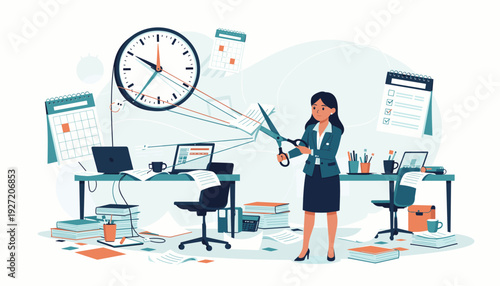 Businesswoman Cutting Time Constraints in Messy Office Illustration, Concept of Effective Time Management, Productivity, and Overcoming Work Stress with Large Scissors and Clock in Workspace