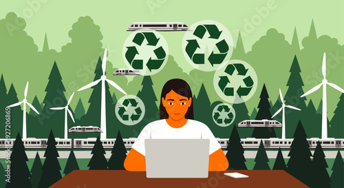 Woman working on laptop amidst a sustainable landscape with wind turbines, trains, and recycling symbols, representing eco-friendly technology and green living.