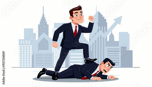 Ambitious businessman stepping on a fallen colleague to climb the corporate ladder, ruthless competition and career growth concept, man stomping on rival with city skyline and arrow background.