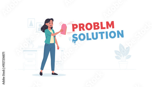Woman Erasing the Word Problem to Reveal Solution, Concept of Overcoming Challenges and Finding Success, Female Character Using Eraser to Fix Difficulty, Positive Mindset and Business Strategy.