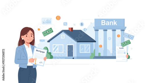 Woman Holding Mortgage Agreement and House Key for New Home Purchase, Real Estate Investment Concept with Bank Building, Loan Documents, and Money Icons in Flat Vector Illustration Style