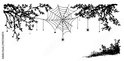 Hand drawn tree branches with spider webs and hanging spiders in a grungy ink style