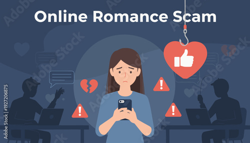 Online Romance Scam Concept Illustration with Sad Woman Holding Smartphone Being Targeted by Internet Criminals and Catfishers Using Fake Love and Social Media Likes to Deceive and Defraud Her.