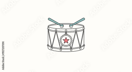 Simple line drawing of a snare drum with red star emblem and drumsticks.