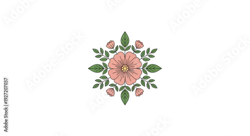 Delicate floral wreath with pink flowers and green leaves.