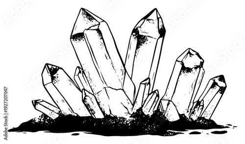 Large detailed crystal cluster illustration growing from earth in hand drawn ink style