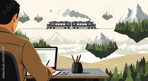 Creative professional focused on laptop, set against an imaginative, dreamlike vista of a train traversing floating mountains and serene forests.