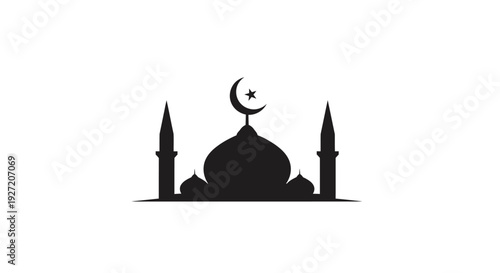 Simple black silhouette of a mosque with minarets and crescent moon.