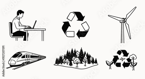 Sustainable Future Icons Set: Business, Renewable Energy, Eco-Friendly Transport, Recycling, and Nature Conservation Line Art
