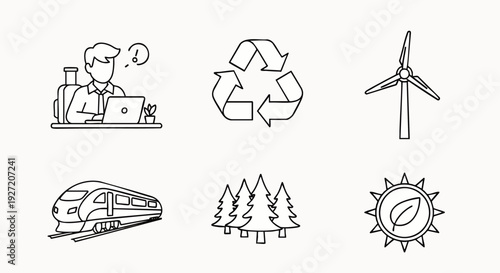Collection of line art icons depicting environmental sustainability, green energy, modern travel, remote work, and nature elements for eco-conscious design.