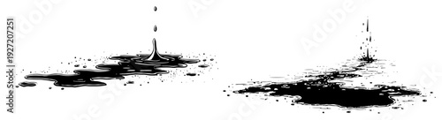 Set of hand drawn ink puddles with liquid drops and splashes