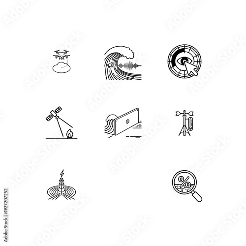 Extreme weather technology and climate defense linear icon set, storm tracking, cloud seeding and flood protection vector symbols