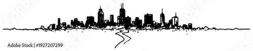 Hand drawn ink sketch of a city skyline with skyscrapers and a road leading to the urban horizon