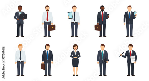 Diverse Business People Avatars Vector Set. Professional Men and Woman Icons with Laptops, Tablets, and Phones for Corporate Communication & Technology Concepts