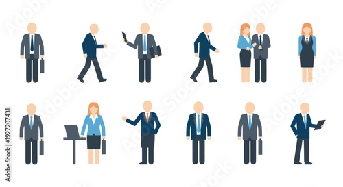 Flat Design Business People Vector Icons Set: Professionals in Various Poses & Actions for Corporate Concepts