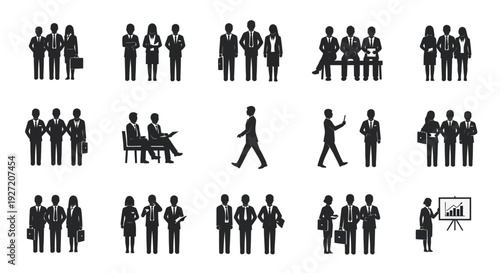 Set of Business People Silhouettes: Teamwork, Office, Meeting & Presentation Icons