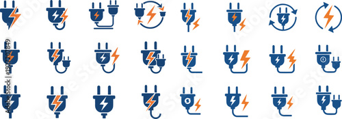 Vector art of a set of blue electricity icons with lightning bolts