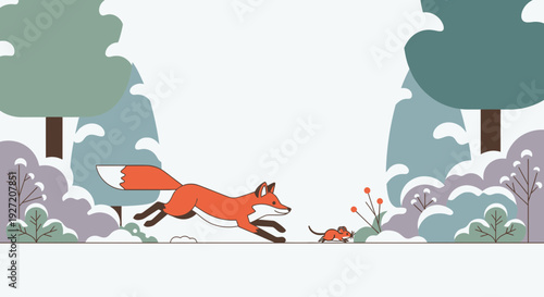 Cartoon fox chasing a mouse in a snowy forest vector illustration; flat design of winter nature scene for children's book and animation