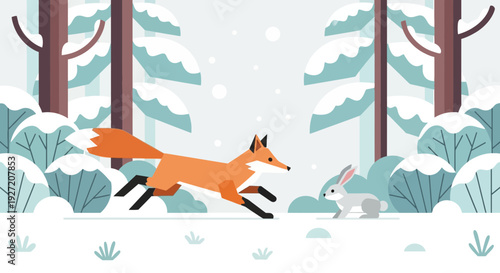 Fox chasing a rabbit through a winter forest in flat vector style with snow-covered trees; wildlife pursuit scene for design and illustration projects