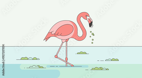 Vector illustration of pink flamingo wading in water filtering feed with its beak minimalist design flat style vibrant colors wildlife scene