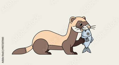 Cartoon ferret character holding a fish illustration in flat vector style featuring cute animal wildlife mascot for design element