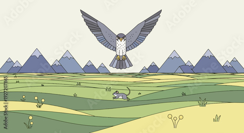 Bird of prey about to catch a mouse in a field with mountains in background vector flat style illustration for wildlife concept
