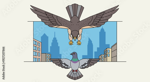 Vector illustration of a falcon attacking a pigeon in a cityscape flat design with clean lines and simple shapes emphasizing the urban wildlife conflict