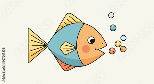 Cartoon fish blowing bubbles with smiling faces in vector flat design for children's book illustration and creative content