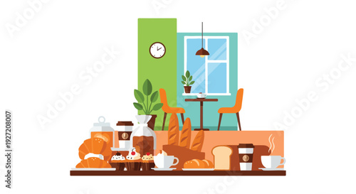 This vector illustration depicts a vibrant cafe interior featuring a variety of fresh pastries, bread, coffee, and a cozy seating area.