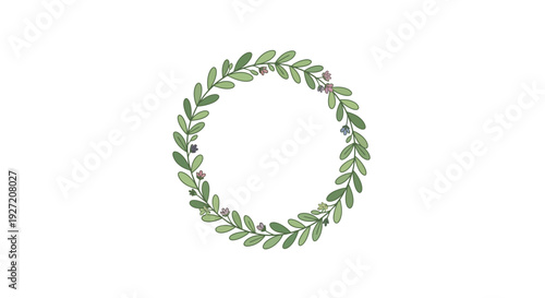 A delicate green laurel wreath with small flowers on a white background.