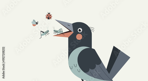 Cartoon bird catching insects including a ladybug and grasshopper in a vector flat style illustration on a light background