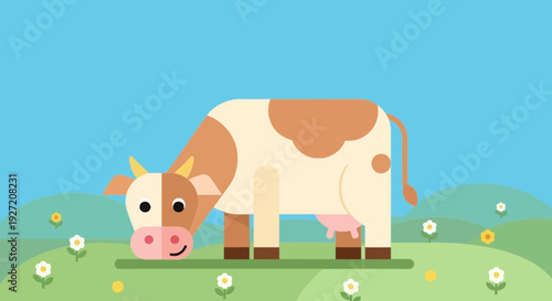 Cartoon cow grazing in green meadow with flowers vector illustration in flat design style idyllic countryside farm animal concept sunny day