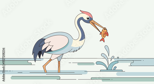 Illustration of a heron catching a fish in shallow water with splashes in a flat vector style depicting wildlife and nature