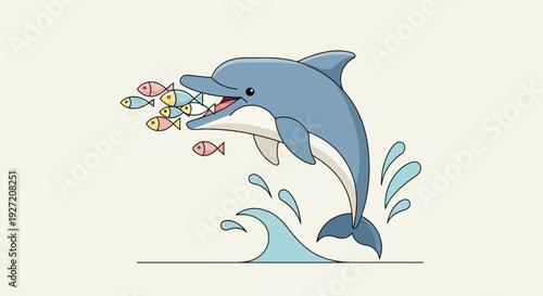 Cartoon dolphin jumping out of water catching colorful fish; vector illustration for children's educational books or animal theme design