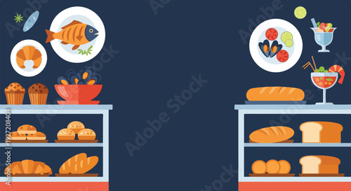 A vibrant vector illustration displays a diverse selection of food items including baked goods, seafood, and cocktails arranged on shelves and plates against a dark background.