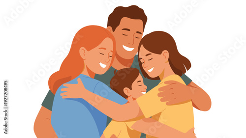 A happy family embracing each other.