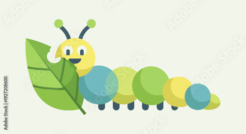 Cute cartoon caterpillar eating a leaf vector flat design; bright and colorful illustration of an insect larva devouring foliage isolated on clean backdrop