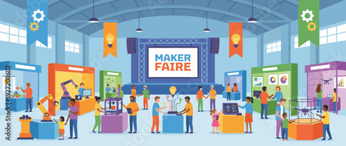 Flat vector illustration of a modern Maker Faire exhibition featuring creative inventions, 3D printing, robotics, drones, and interactive STEM exhibits with diverse people and families.