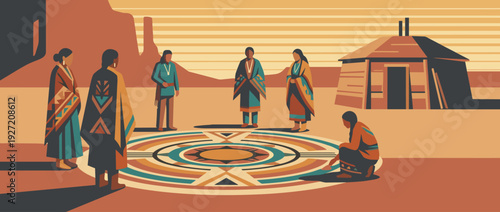 Flat Vector Illustration of a Traditional Navajo Sand Painting Ceremony in a Desert Landscape with a Hogan. Indigenous People in Tribal Blankets Performing a Sacred Healing Ritual and Heritage.