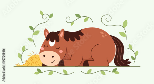 Cute brown horse eating hay in a farm scene vector flat illustration with green leaves sleeping peacefully in a meadow setting perfect for children's designs