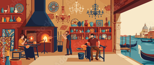Venetian Glass Workshop on Murano Island Flat Vector Illustration with Artisans Blowing Molten Glass near a Furnace, Featuring Colorful Glassware, Chandeliers, and a Scenic Venice Canal View.