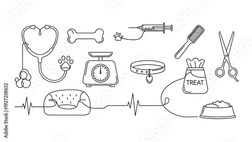 Pet care accessories and veterinary medicine outline icons for dog health and grooming.