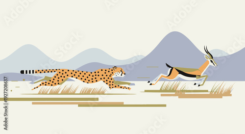 Cheetah chasing gazelle in savanna landscape vector flat illustration. Wildlife chase scene of African cat hunting antelope grassland environment.