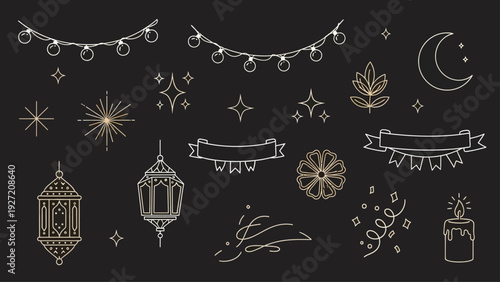 Elegant Islamic Celebration and Festive Elements Line Art Set