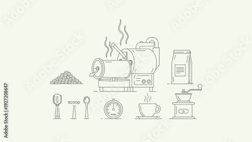 Collection of line icons for coffee preparation and roasting process.