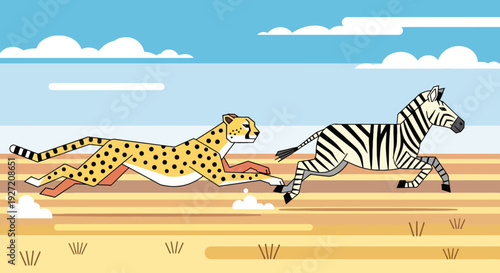 Flat vector cheetah chasing zebra in savanna landscape with blue sky and clouds; dynamic wildlife illustration for kids book print